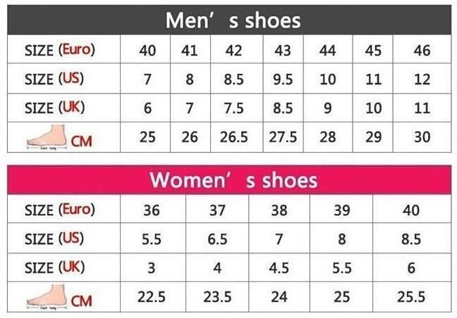 Shoe size conversion chart for EUR, US, UK, CM (men's and women's)